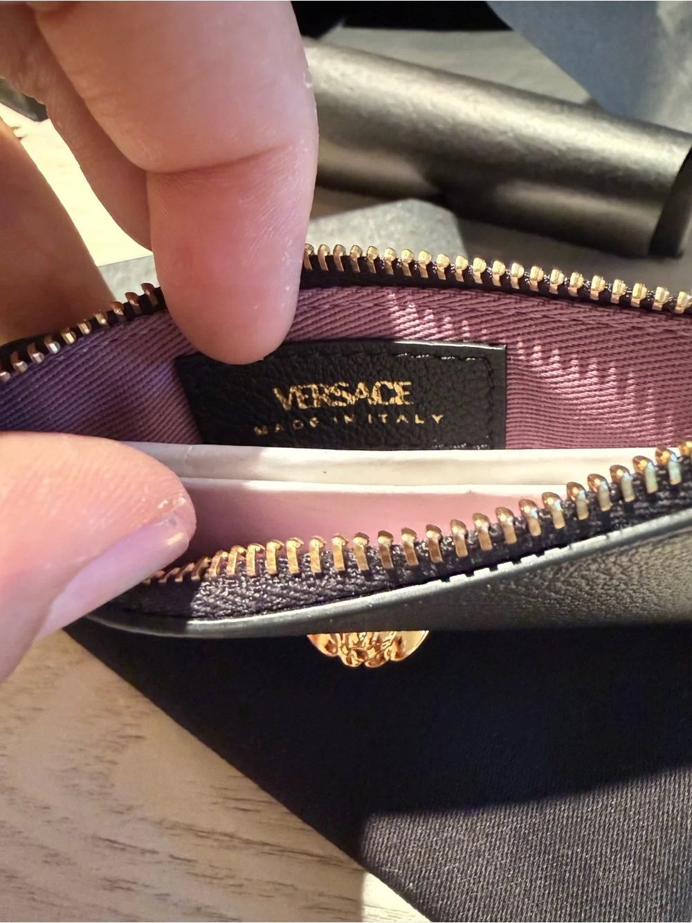 Versace Black Leather Card Case with Gold Medusa Accent
